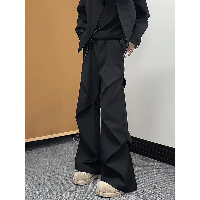 美式黑色褶皱微喇西裤男春季宽松阔腿裤子垂坠感高级感直筒休闲裤