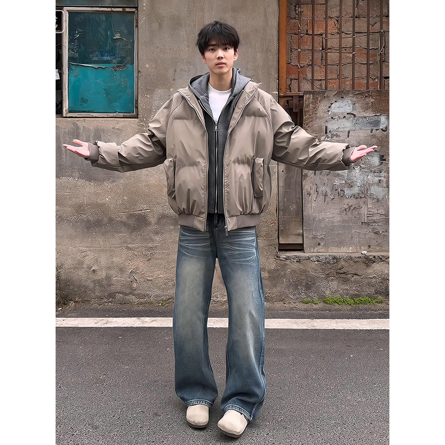 假两件连帽pu皮羽绒棉服男面包服