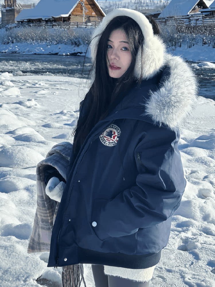 Navy Blue Parka Down Cotton Jacket for Men, Winter Thickened Hooded Fur Collar Coat, Northeast Cold Protection Padded Coat