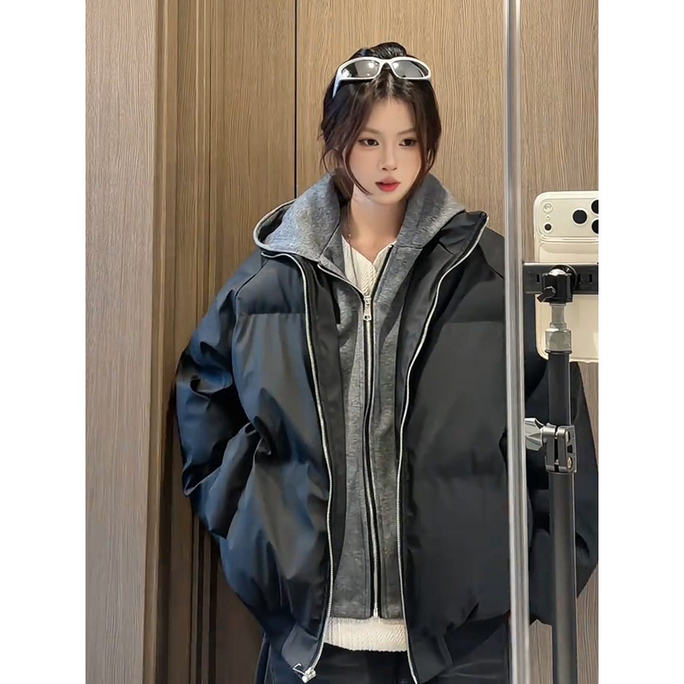 PU皮假两件连帽羽绒棉服男外套