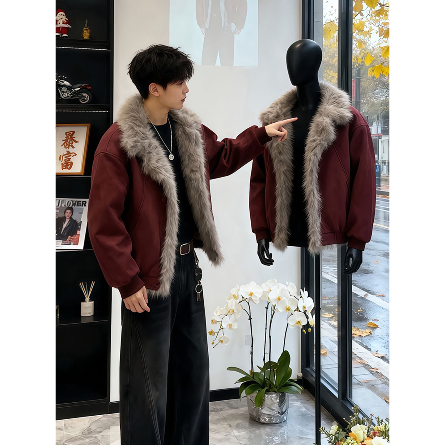 酒红色座山雕毛领棉服男冬季外套