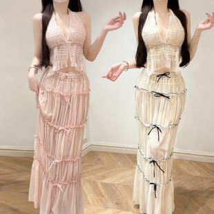 泰国海边度假穿搭女纯欲性感露背挂脖bikini收腰显瘦长裙泳衣女