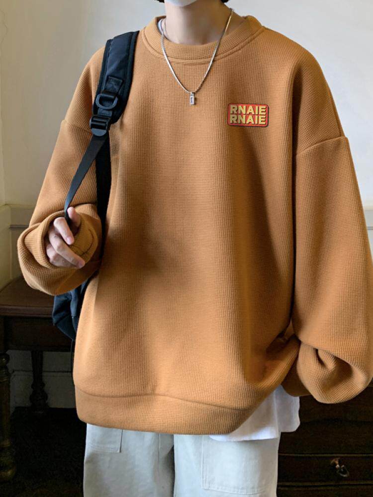 와플 스웨트 셔츠 남성 봄 가을 루즈 캐주얼 라운드 넥 긴팔 티셔츠 청소년 패션 브랜드 트렌드 이너 레이어드 셔츠