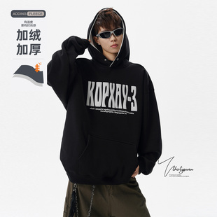 V37复古潮牌字母印花连帽卫衣男冬高街vibe加绒加厚宽松套头上衣