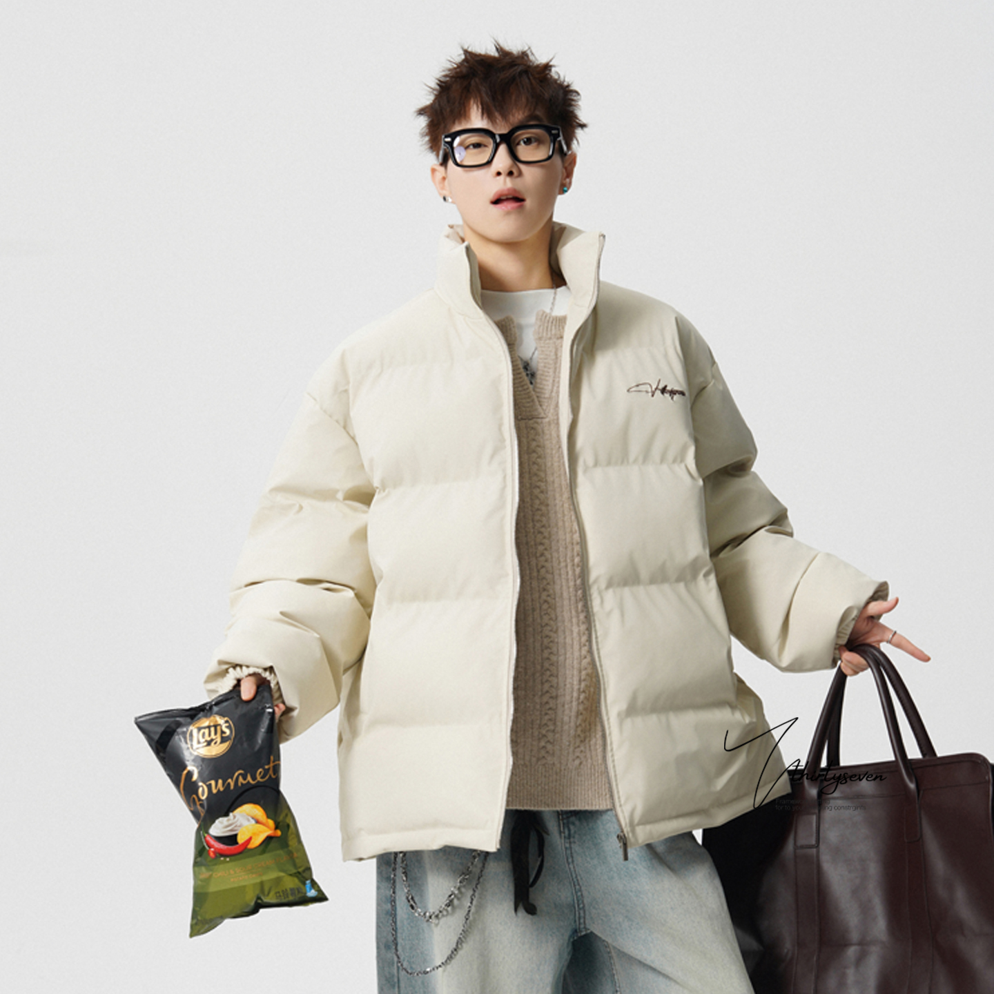 美式高级感PU皮棉服外套男