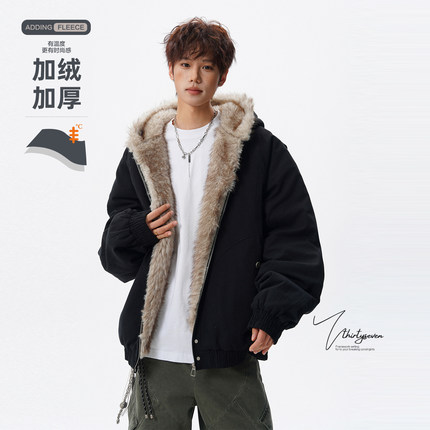 V37美式座山雕毛领棉衣男冬季高街vibe加绒加厚连帽保暖情侣外套