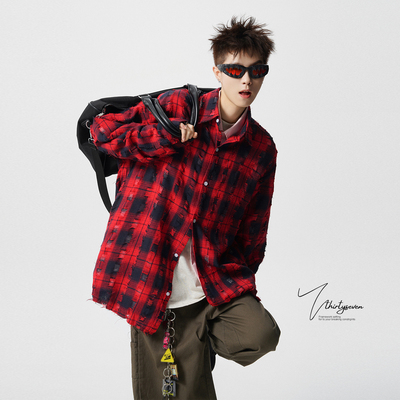 美式高街小众破洞红格子衬衫男