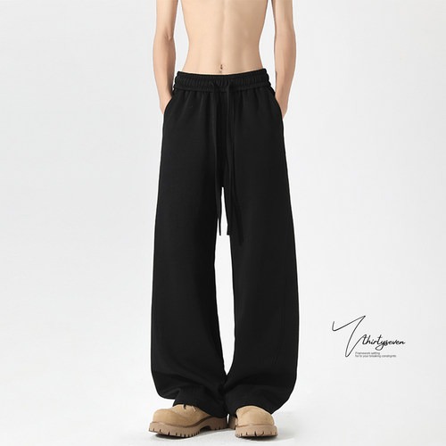 美式街头加绒黑色休闲卫裤男