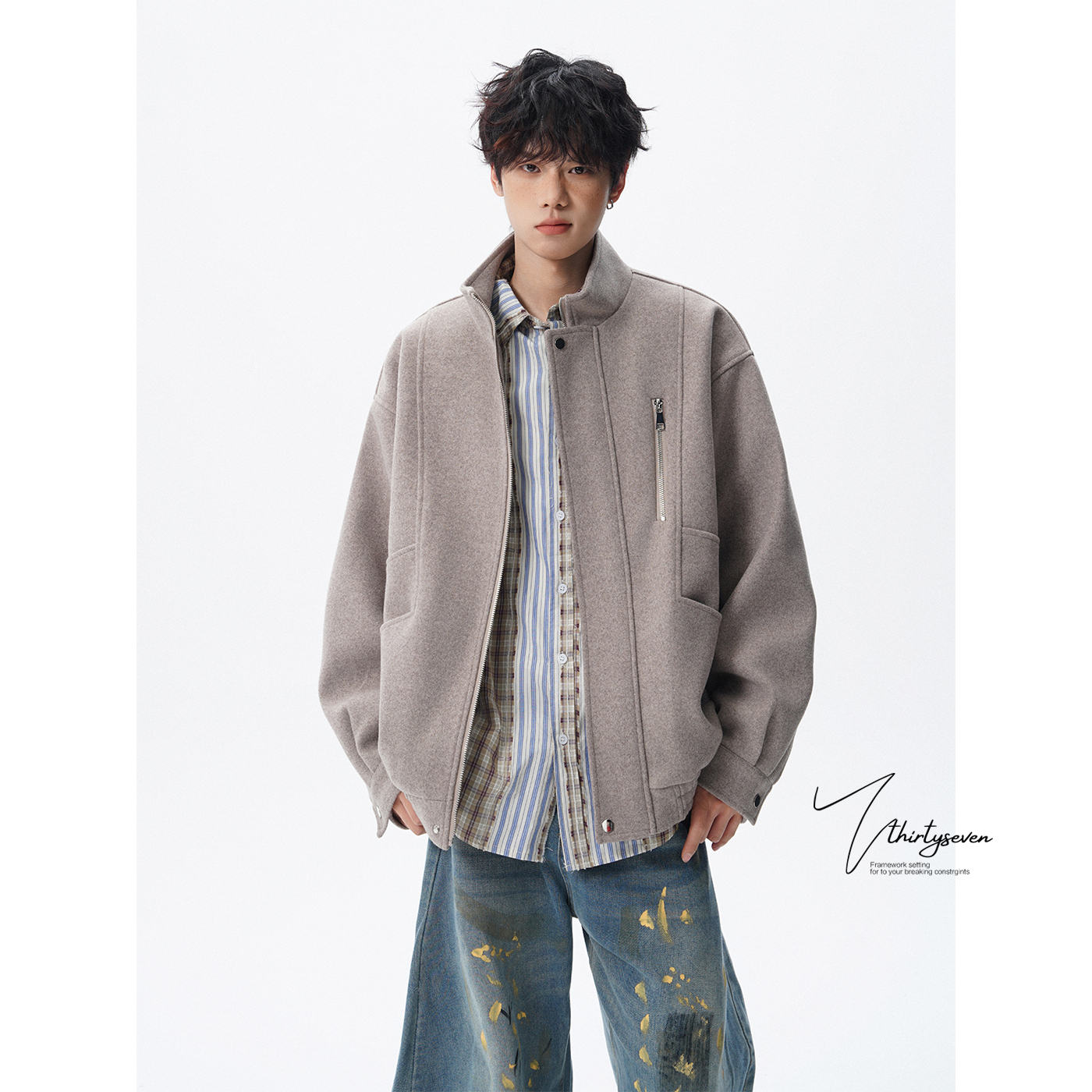 V37美式重磅拉链设计感毛呢外套男秋季潮牌立体解构宽松工装夹克