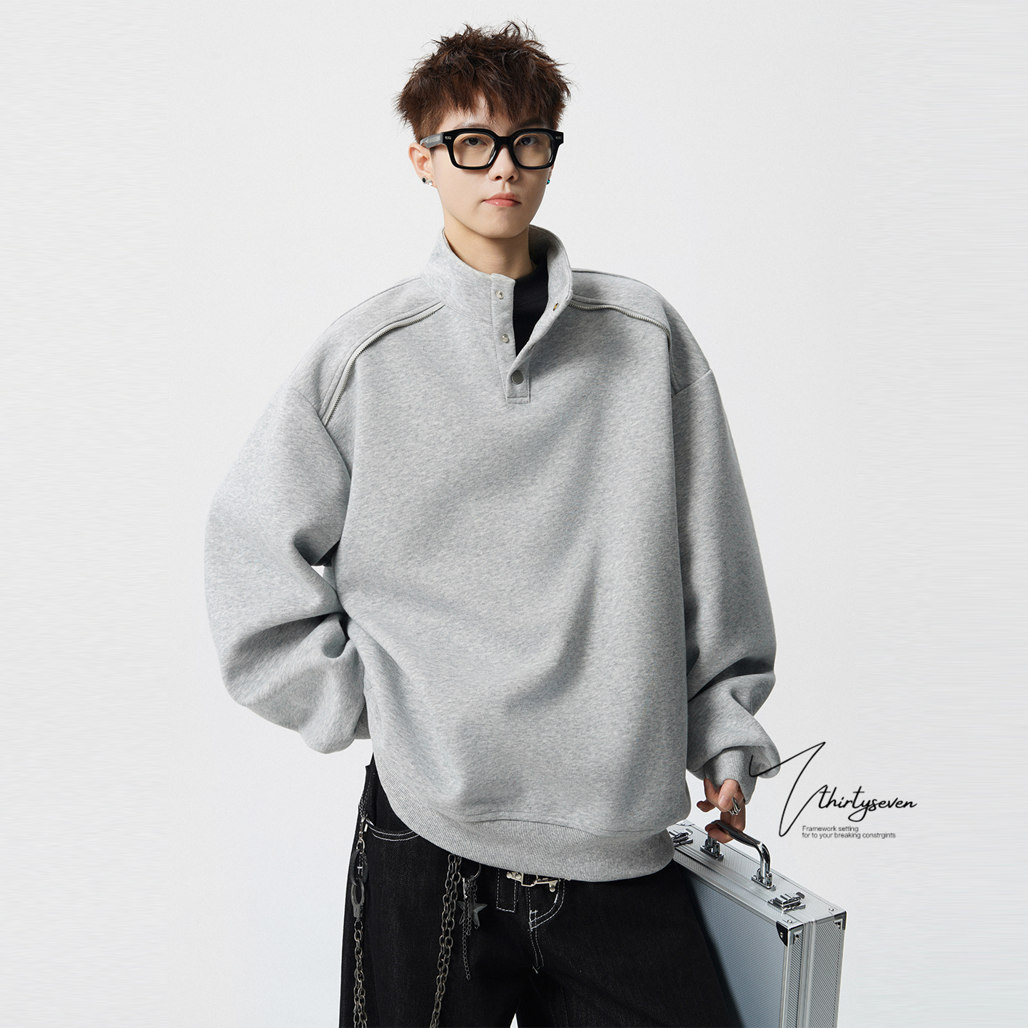 美式重磅立领半开衫卫衣