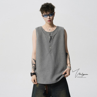 亨利领设计感运动坎肩T恤 背心男秋季 V37美式 假两件宽松百搭无袖
