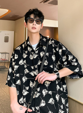 薄款冰丝花衬衫男款春季美式春威夷海滩短袖衬衣潮牌宽松休闲外套