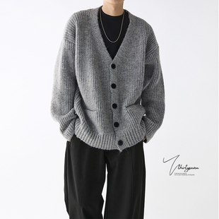 毛衣 高街vintage纯色宽松开衫 V37韩系慵懒风灰色针织衫 外套男秋季