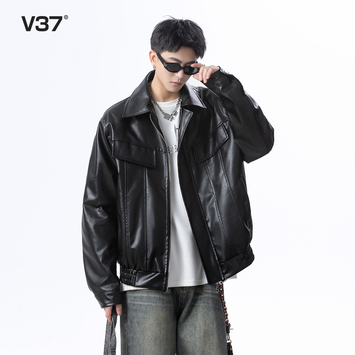 V37美式短款pu皮衣外套男款