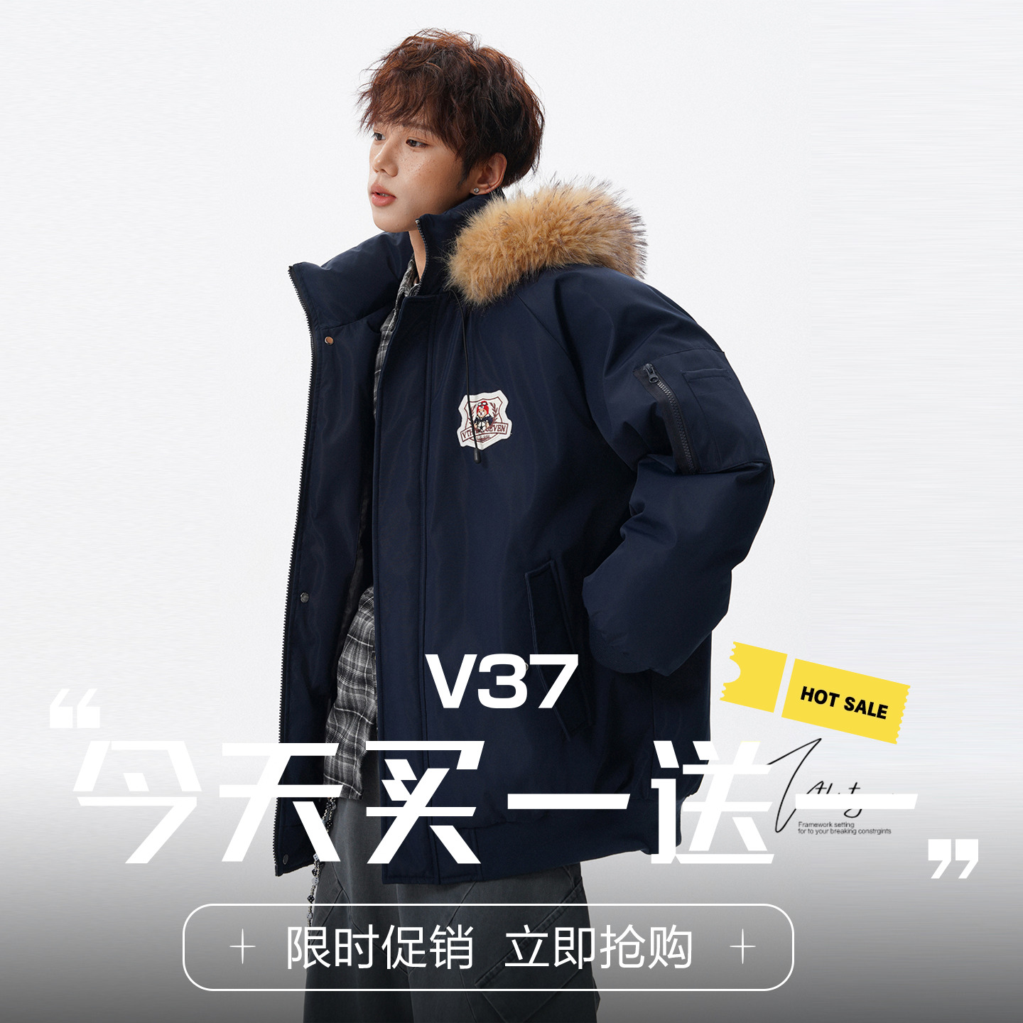 美式藏青色徽章刺绣毛领派克服