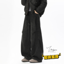 加绒加厚宽松阔腿长裤 男冬季 复古做旧解构黑灰色运动卫裤 V37美式