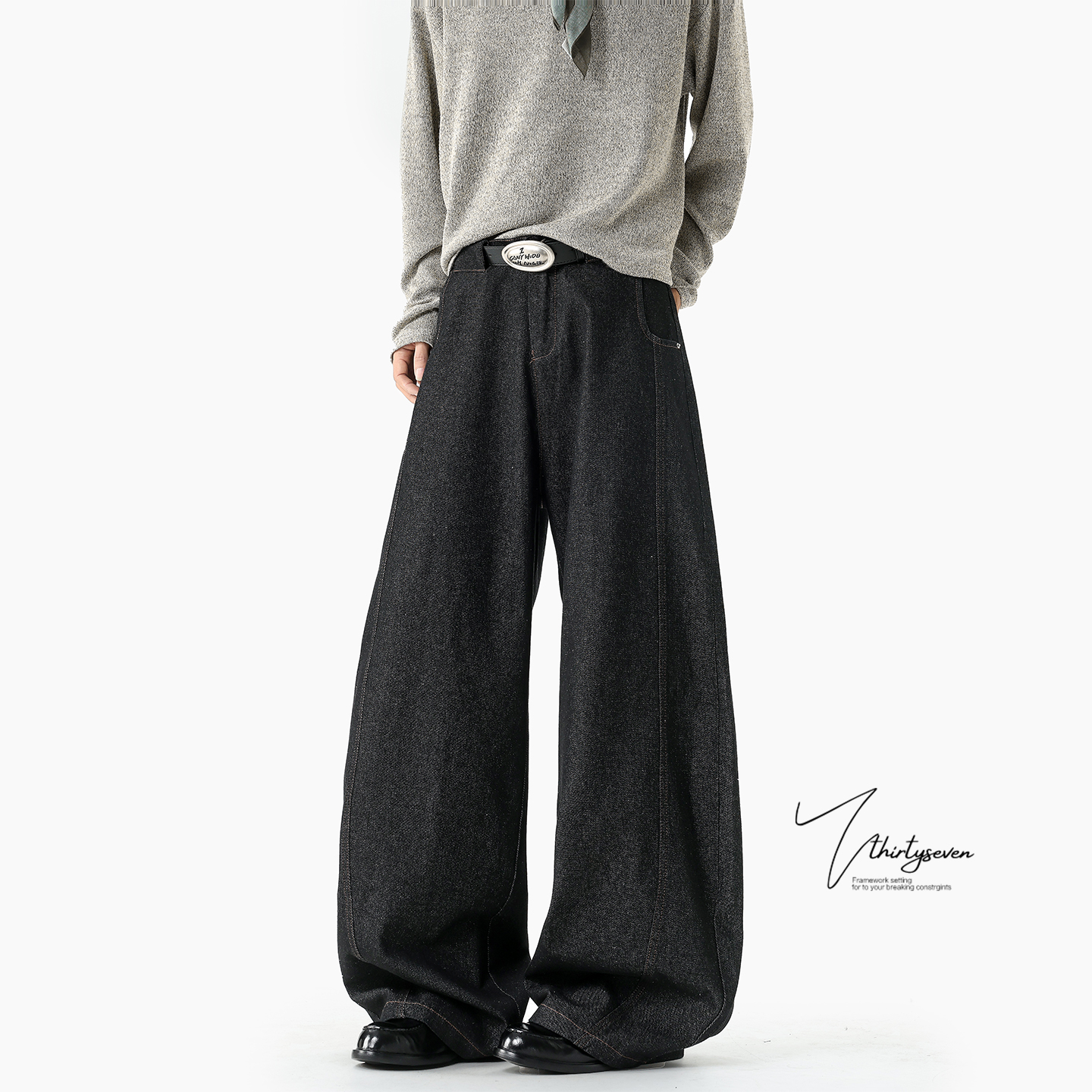 美式潮牌黑色丹宁弯刀牛仔裤