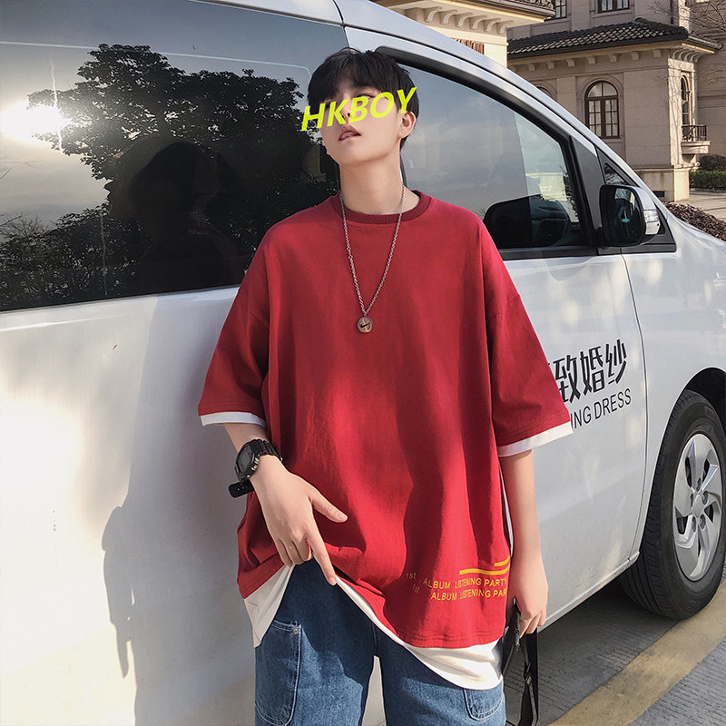 短袖t恤男潮牌潮流ins超火cec假两件原宿百搭宽松港风七分袖衣服