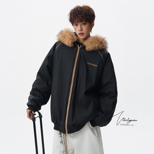 V37美式 高街潮牌宽松棉衣外套潮 撞色拼接加棉加厚毛领棉服男冬季