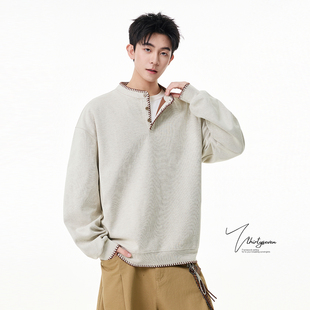 V37老钱风复古撞色手缝线卫衣男春季美式都市松弛感立领长袖上衣