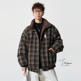 V37美式 高街宽松外套潮牌保暖情侣棉服 双面穿复古格纹棉衣男冬季