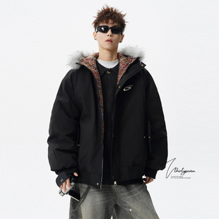 潮牌廓形加厚连帽棉衣 美式 V37高街痞帅金属标毛领派克服男款 冬季