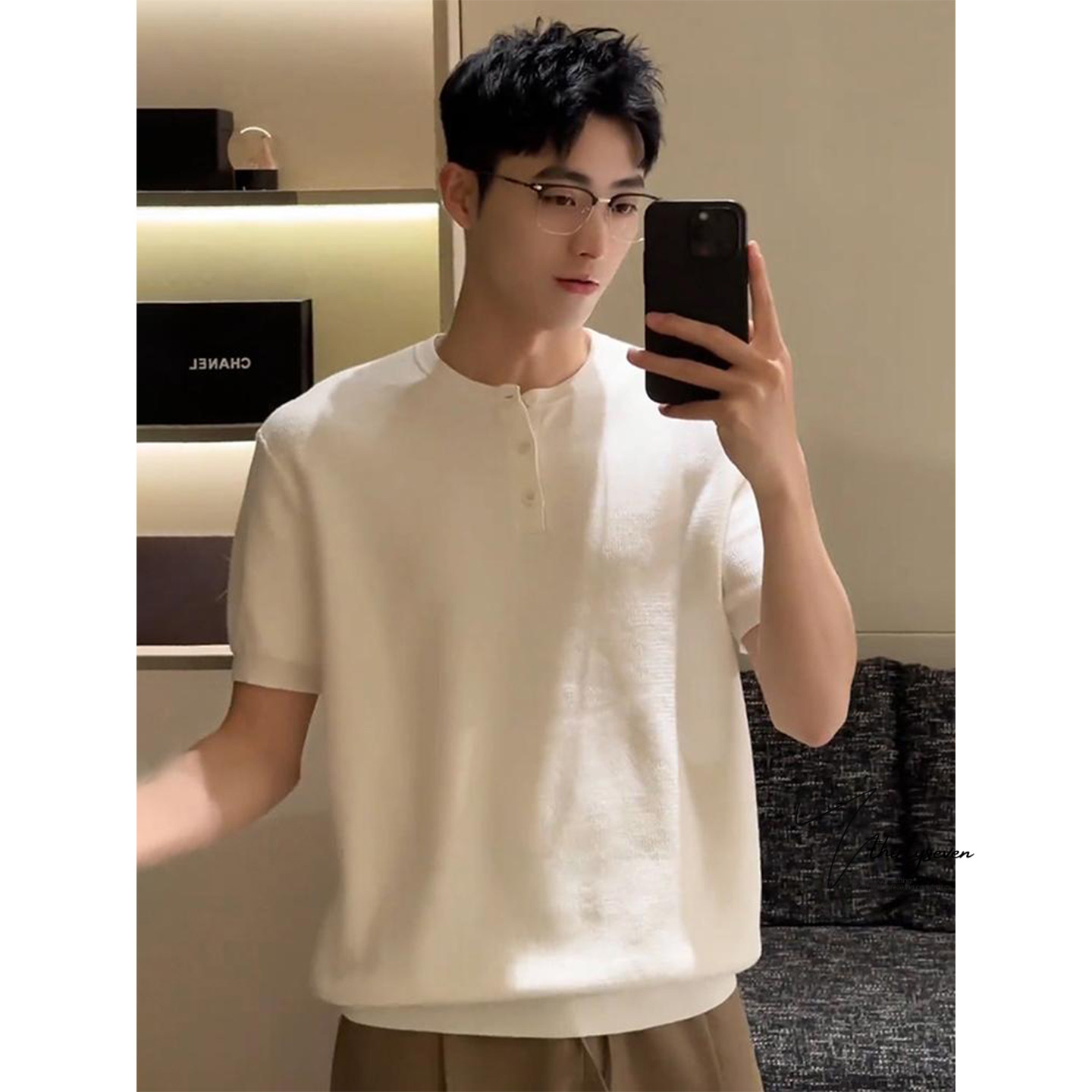 老钱风高智感白色亨利领T恤男图片