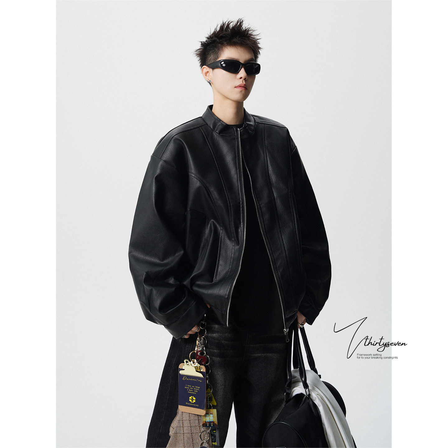 美式高街廓形短款皮衣外套男