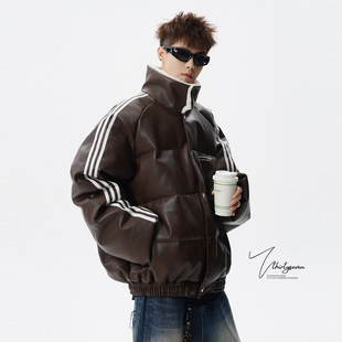 V37美式 重磅三条杠撞色立领皮棉服男冬潮牌痞帅加厚情侣棉衣外套