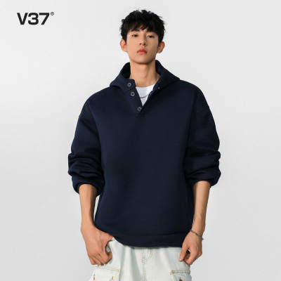 V37藏青色cleanfit连帽卫衣男