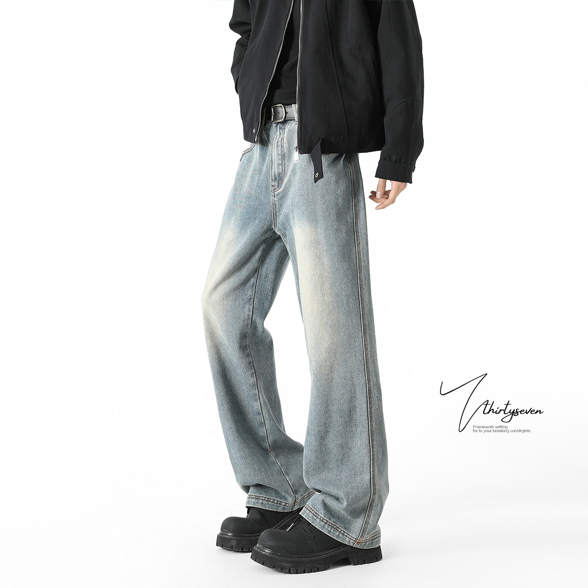 V37浅蓝色渐变裤子男士2026秋季美式cleanfit显瘦百搭直筒牛仔裤