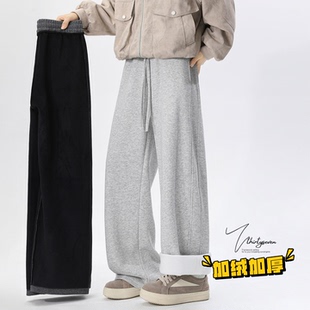 子 潮牌青少年直筒运动裤 V37重磅复古浅灰色加绒加厚卫裤 男冬美式