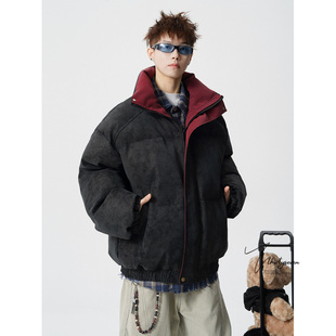 V37美式 vintage雾面扎染加厚皮棉衣男冬高级痞帅防风情侣棉服外套