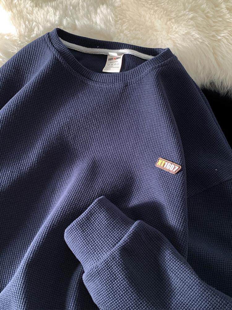 와플 라운드 넥 스웨트 셔츠 남성 가을 겨울 플러스 벨벳 2024 새로운 느슨한 트렌디 브랜드 헤비 바닥 셔츠 탑 재킷