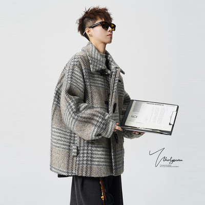 V37美式复古格子毛呢大衣