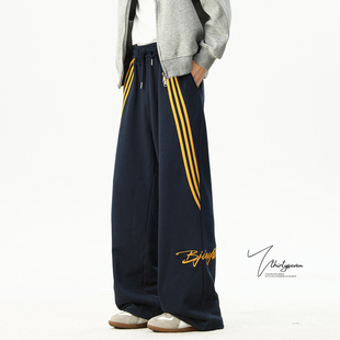 男冬潮牌设计感刺绣宽松运动长裤 V37美式 街头嘻哈风撞色条纹卫裤