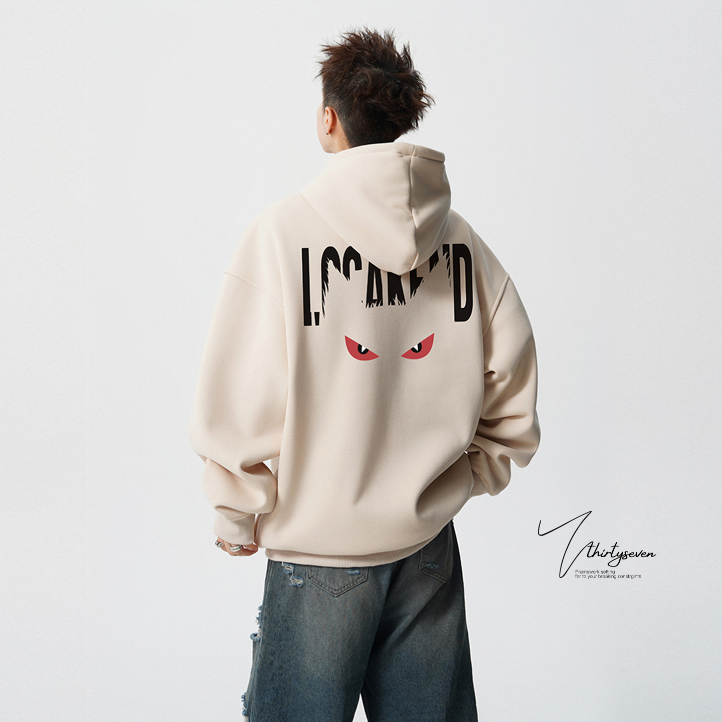 V37美式恶魔之眼连帽卫衣男秋宽松休闲帽衫外套潮牌情侣运动上衣