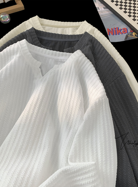 V37肌理感V领长袖t恤男秋青少年宽松休闲上衣高级杏色内搭打底衫