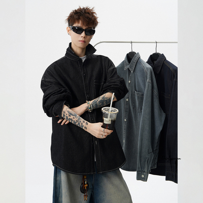 日系vintage水洗牛仔衬衫男款