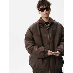 V37高街复古咖啡色PU皮夹克棉服男冬季 仿羊羔毛翻领棉衣外套 美式