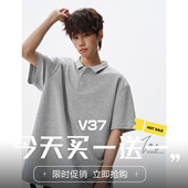 T恤衫 V37美式 潮牌休闲简约风短袖 男夏季 复古浅灰色翻领运动POLO衫