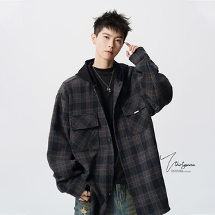 青少年古着感连帽卫衣 外套男秋季 V37美式 复古潮牌假两件格子衬衫