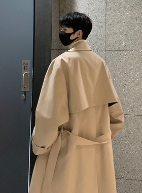V37韩系中长款卡其色风衣外套男春高级感潮牌休闲情侣款过膝大衣