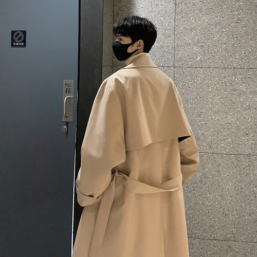 韩系中长款卡其色风衣外套男