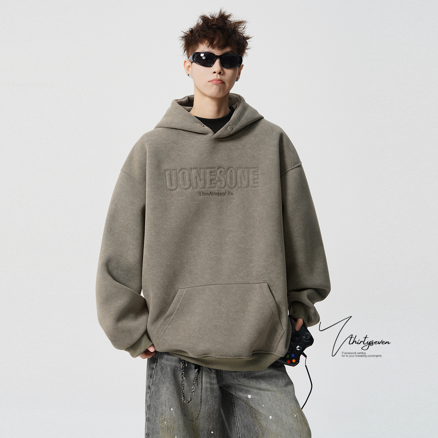 美式潮牌设计感刺绣情侣连帽衫