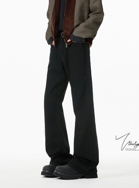 V37美式复古黑色微喇裤子男秋季高街cleanfit宽松阔腿加绒牛仔裤