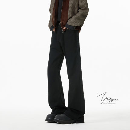 V37美式复古黑色微喇裤子男秋季高街cleanfit宽松阔腿加绒牛仔裤