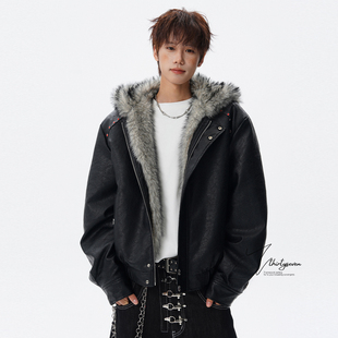 V37美式 加厚保暖高街痞帅棉衣 红钻铆钉设计感连帽皮衣外套男冬季