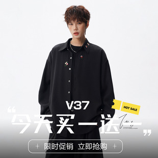 V37新中式花卉刺绣长袖衬衫男款春季国潮少年感大码休闲翻领衬衣