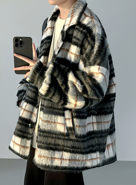 短款加厚毛呢大衣男春秋季美式戗驳领风衣百搭格纹小香风西装外套